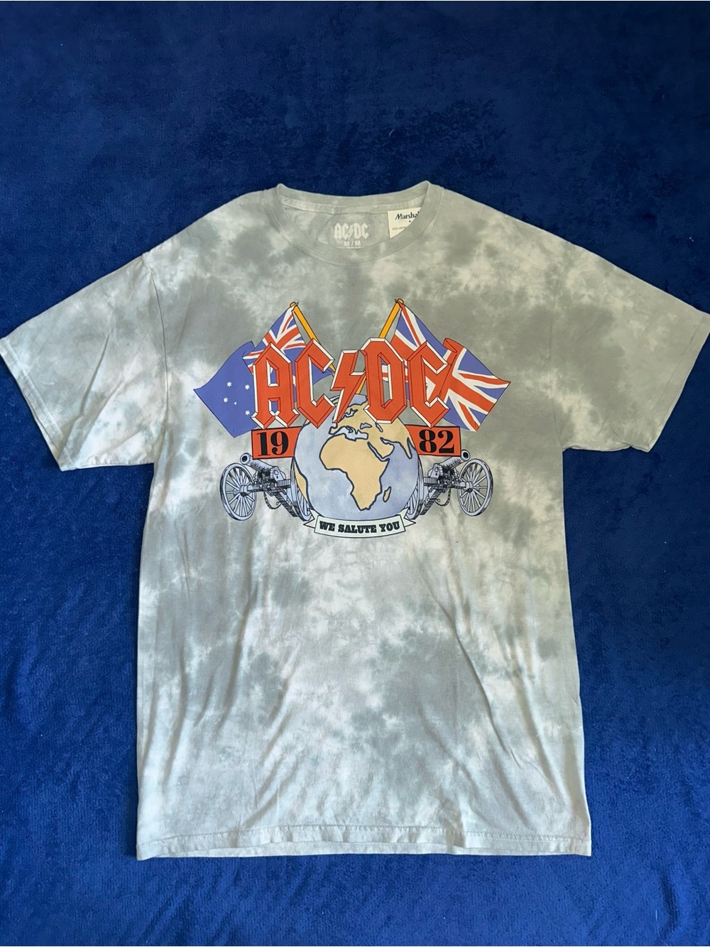 AC/DC Mens Grey Tie Dye We Salute You 1982 Graphic T-Shirt Rock Band Tee Small